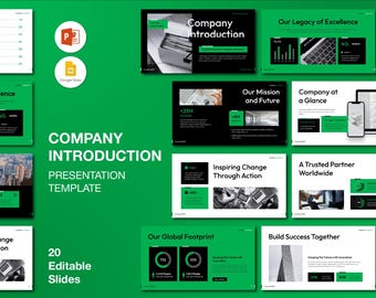 May include: A presentation template with a green and black color scheme. The title "Company Introduction" is displayed prominently. The template includes 20 editable slides, with graphics and text. The presentation is designed for Google Slides and PowerPoint.