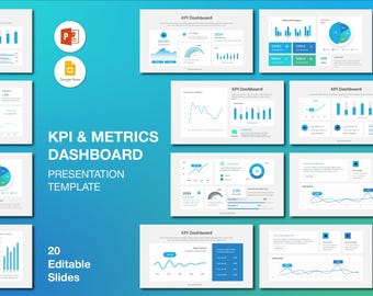 May include: A presentation template with a blue and white color scheme. The slides display various KPI dashboards with charts, graphs, and data visualizations. The text on the slides reads "KPI & Metrics Dashboard" and "20 Editable Slides."