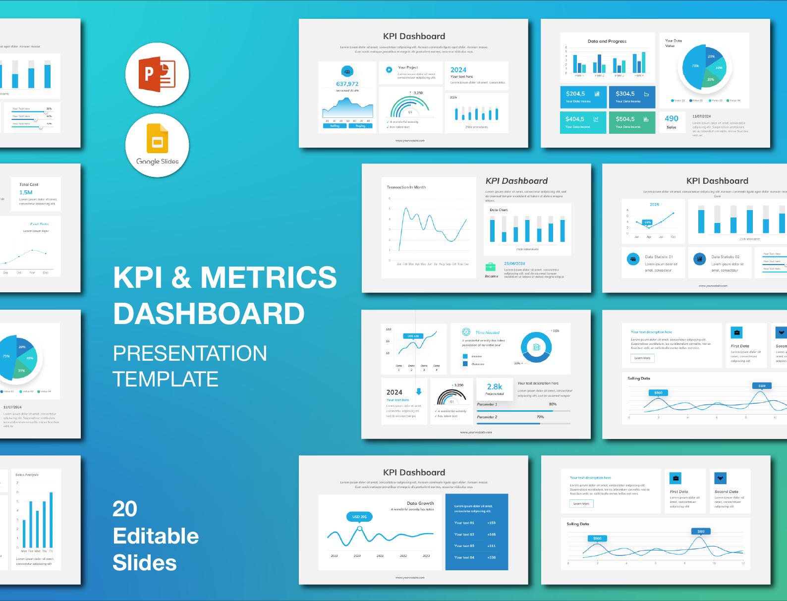 Editable KPI Dashboard Powerpoint Template: Business Metrics (digital ...