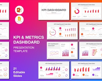 May include: A presentation template with a gradient background, featuring multiple slides displaying KPI dashboards. The slides showcase various charts, graphs, and data visualizations in shades of pink, orange, and purple. Text includes "KPI & Metrics Dashboard" and "21 Editable Slides."