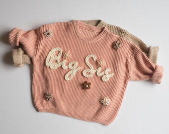 PINK - Custom Name Sweater, Personalized Name Sweater, Flower Letter, Big Sis Sweater, Baby Announcement, Knit Sweater