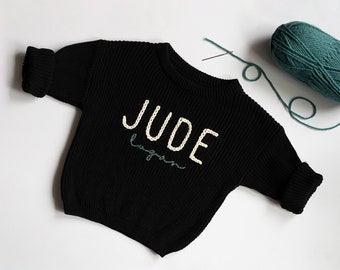 BLACK - Custom Name Sweater, Personalized Name Sweater, Flower Letter, Hand Embroidered Baby Sweater, Baby Announcement, Knit Sweater