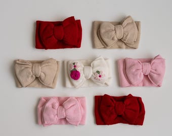 BABY BOW HEADBAND: Knit Oversized Topknot Bow Headband for Baby Girl, Newborn, Custom Embroidery