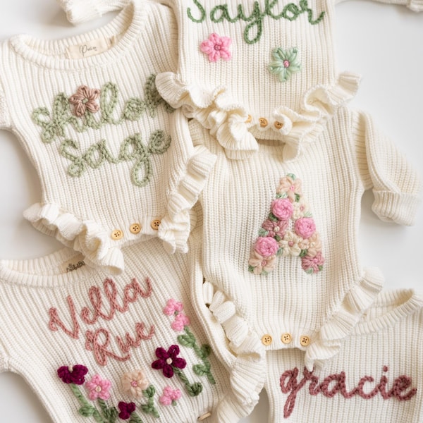 EMBROIDERED BABY ROMPER - Custom Baby Romper, Hand Embroidered Newborn Name, Flower Initial, Personalized Baby Gift