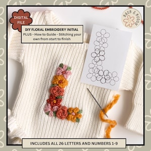 Arquivo digital de padrões de bordado de alfabeto e números de flores para suéter infantil DIY para bebês, modelo bordado com ponto e bastão de flores para impressão
