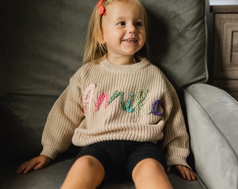 TAN - Custom Name Sweater, Personalized Name Sweater, Flower Letter, Boy Sweater, Baby Announcement, Knit Sweater