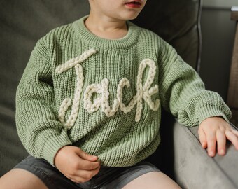 GREEN - Custom Name Sweater, Personalized Name Sweater, Flower Letter, Boy Sweater, Baby Announcement, Knit Sweater