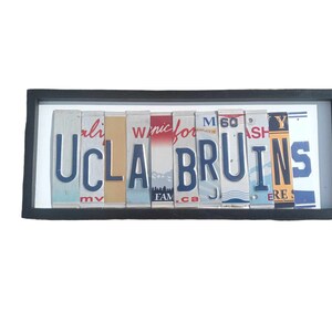 UCLA Bruins sports sign made with license plate letters mounted on  19&quot;x8&quot; wood frame great gift for man cave bar wall art