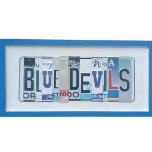 Duke Blue Devils sign made with license plate letters mounted on a hand painted 20&quot;x10&quot; wood frame great gift for man woman bar wall art