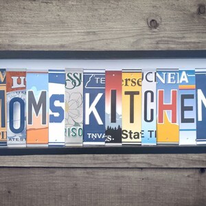 Moms Kitchen sign made with license plate letters mounted on a 19&quot;x8&quot; wood frame great gift for man cave bar wall art