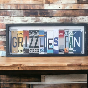 Memphis Grizzlies sign made with license plate letters mounted on a 19&quot;x8&quot; wood frame great gift for man cave bar wall art