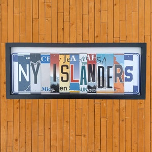 New York Islanders sign made with license plate letters mounted on a 19&quot;x8&quot; wood frame great gift for man cave bar wall art