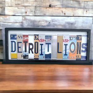 Detroit Lions sign made with license plate letters mounted on a 19&quot;x8&quot; wood frame great gift for man cave bar wall art