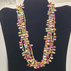 Vtg Necklace Multi-Strand Bead Statement Carved Leaves Boho Rainbow Layered Bib