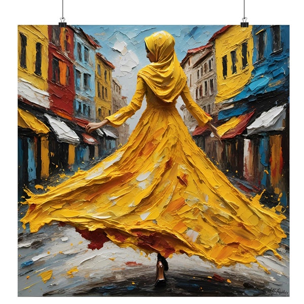 Woman In Yellow Hijab Walking, Wall Art, Wall Decor, Living Room Decor, Art Print, Colorful Art Print, Unique, Muslim Woman, Windy, Flaneur