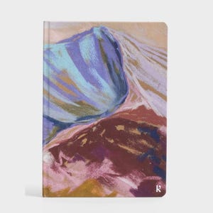 May include: A hardback notebook with an abstract mountain landscape design. The cover features a colourful, textured painting in shades of purple, blue, brown, and gold. A small white "R" is in the bottom right corner.