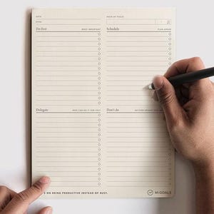 May include: A beige MiGoals notepad with sections for scheduling and prioritizing tasks. A hand is writing on the notepad with a black pen. The notepad includes sections for "Do first", "Schedule", "Delegate", and "Don't do".