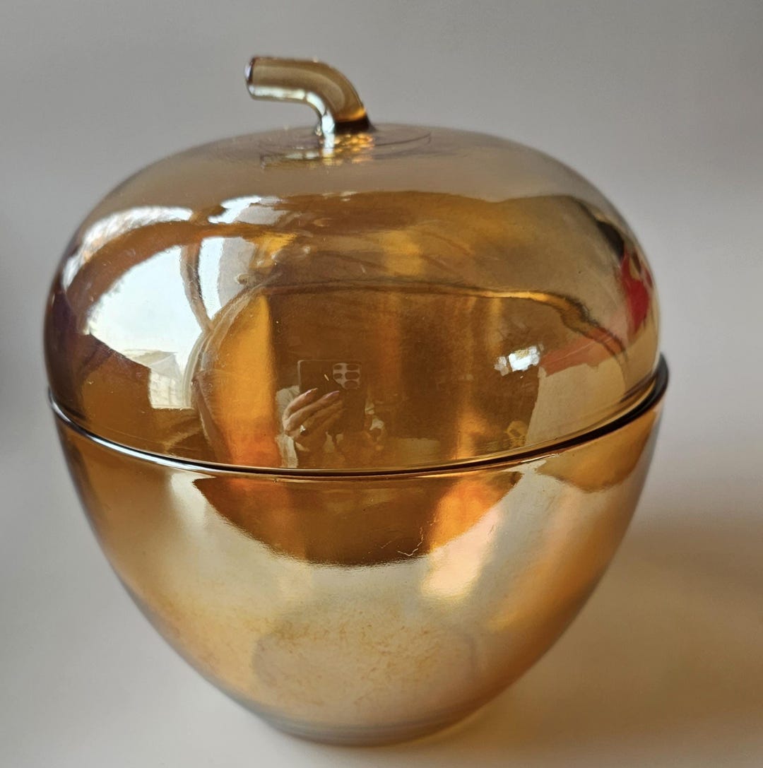 Jeanette Glass Marigold Carnival Apple Candy or Powder Dish - Etsy