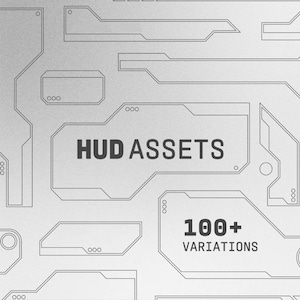 Puede incluir: Gráfico digital con fondo gris claro y diseño de placa de circuito. El texto "HUD ASSETS" se muestra, junto con "100+ VARIATIONS". El diseño presenta varias formas geométricas y líneas.