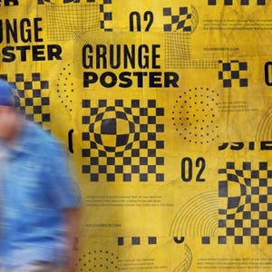May include: A yellow poster with black geometric shapes and the words "RUNGE POSTER" and "GRUNGE POSTER". A person in a blue shirt and cap walks in front of the poster.