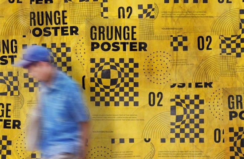 May include: A yellow poster with black geometric shapes and the words "RUNGE POSTER" and "GRUNGE POSTER". A person in a blue shirt and cap walks in front of the poster.