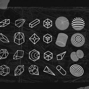 May include: A collection of geometric shapes in white, including cubes, pyramids, and spheres, against a dark, textured background. The shapes vary in design, some with solid lines and others with striped patterns.