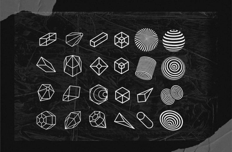 May include: A collection of geometric shapes in white, including cubes, pyramids, and spheres, against a dark, textured background. The shapes vary in design, some with solid lines and others with striped patterns.