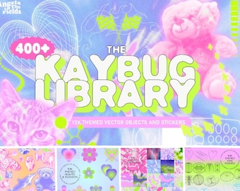 Peut inclure: Une illustration numérique d'une bibliothèque de graphisme rose et verte appelée "The Kaybug Library" avec plus de 400 objets vectoriels et autocollants sur le thème Y2K. L'image comprend un chat rose, un ours en peluche rose et une forme de cœur avec un motif de grille.