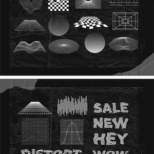 May include: Black and white graphic design elements, including geometric shapes, grids, and wavy lines. The image also features the words "SALE", "NEW", "HEY", "DISTORT", and "WOW".