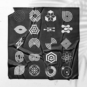 May include: A black poster with a collection of white geometric shapes. The shapes include circles, squares, and abstract designs. The poster is wrinkled and has a shadow of a leaf on the right side.