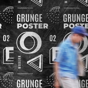 May include: Black and white grunge poster design with geometric shapes and the text "GRUNGE POSTER" repeated. A blurred figure in a blue shirt and cap walks across the image.