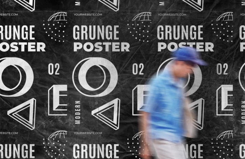 May include: Black and white grunge poster design with geometric shapes and the text "GRUNGE POSTER" repeated. A blurred figure in a blue shirt and cap walks across the image.
