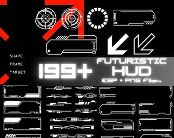 May include: A collection of 199+ futuristic HUD elements in white on a black background. The elements include shapes, frames, targets, and arrows. The text "FUTURISTIC HUD ESP + PNG Files" is also included.