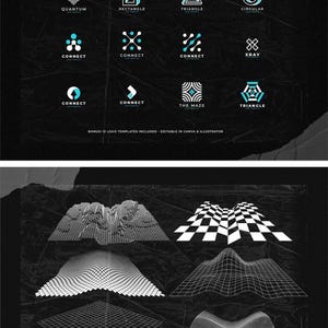 May include: A black and white graphic design featuring various logo templates. The top section displays 12 logos with geometric shapes and the words "QUANTUM", "RECTANGLE", "TRIANGLE", "CIRCULAR", "CONNECT", "XRAY", and "THE MAZE". The bottom section shows 3D wireframe designs.