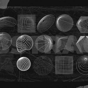 May include: A grayscale graphic design featuring various geometric shapes, including spheres, cones, and cubes, rendered with white lines. The word "ABSTRACT" is partially visible in the image. The shapes are arranged on a textured, dark background.