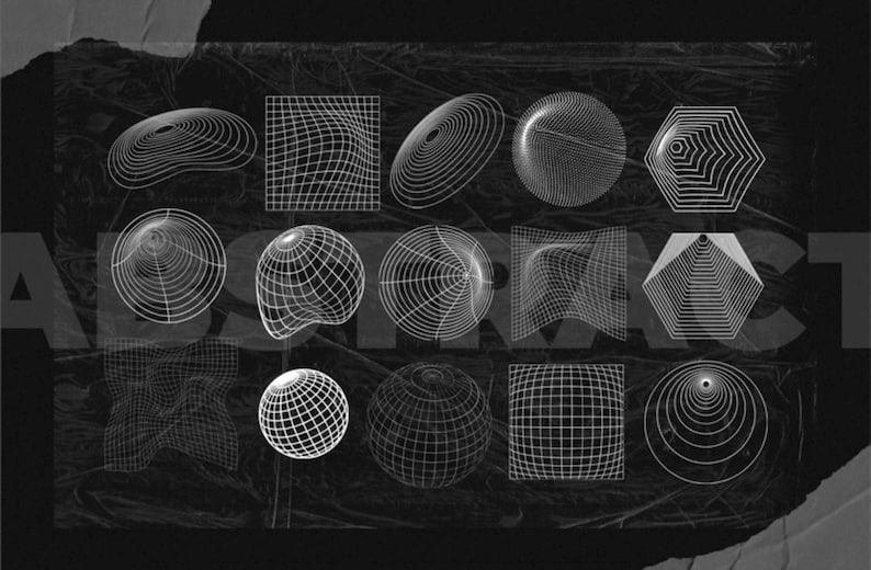 May include: A grayscale graphic design featuring various geometric shapes, including spheres, cones, and cubes, rendered with white lines. The word "ABSTRACT" is partially visible in the image. The shapes are arranged on a textured, dark background.