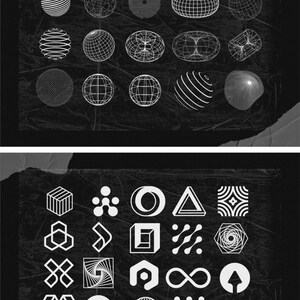 May include: Black and white geometric shapes and forms on a dark background. The image features various 3D shapes, including spheres, cubes, and other abstract designs. The overall aesthetic is minimalist and modern.