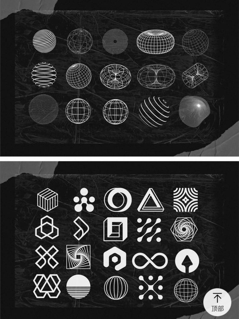 May include: Black and white geometric shapes and forms on a dark background. The image features various 3D shapes, including spheres, cubes, and other abstract designs. The overall aesthetic is minimalist and modern.