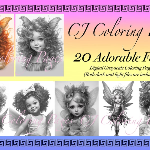 20 Adorable Fairies, Set 1, Digital Grayscale Coloring Pages