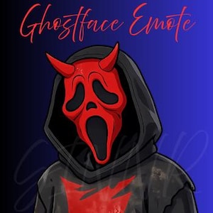 May include: Illustration of a person in a black hooded sweatshirt wearing a red Ghostface mask with black eye holes and a gaping mouth. The text "Ghostface Emote" is written in red script above the figure.