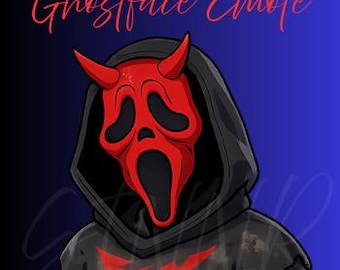 Op de afbeelding: Illustratie van een persoon in een zwarte hoodie met een rood Ghostface-masker met zwarte ooggaten en een gapende mond. De tekst "Ghostface Emote" is in rode letters boven de figuur geschreven.