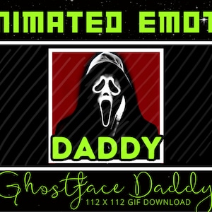 May include: Animated GIF of a Ghostface mask with the word "Daddy" in green text below it. The background is black with white stripes. The text "Ghostface Daddy 112 x 112 GIF DOWNLOAD" is below the image.