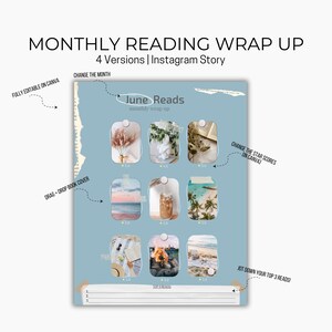 May include: A blue and white printable Instagram story template for a monthly reading wrap up. The template includes a section for book covers, a section for rating books, and a section for listing top reads. The text "June Reads" is at the top of the template.
