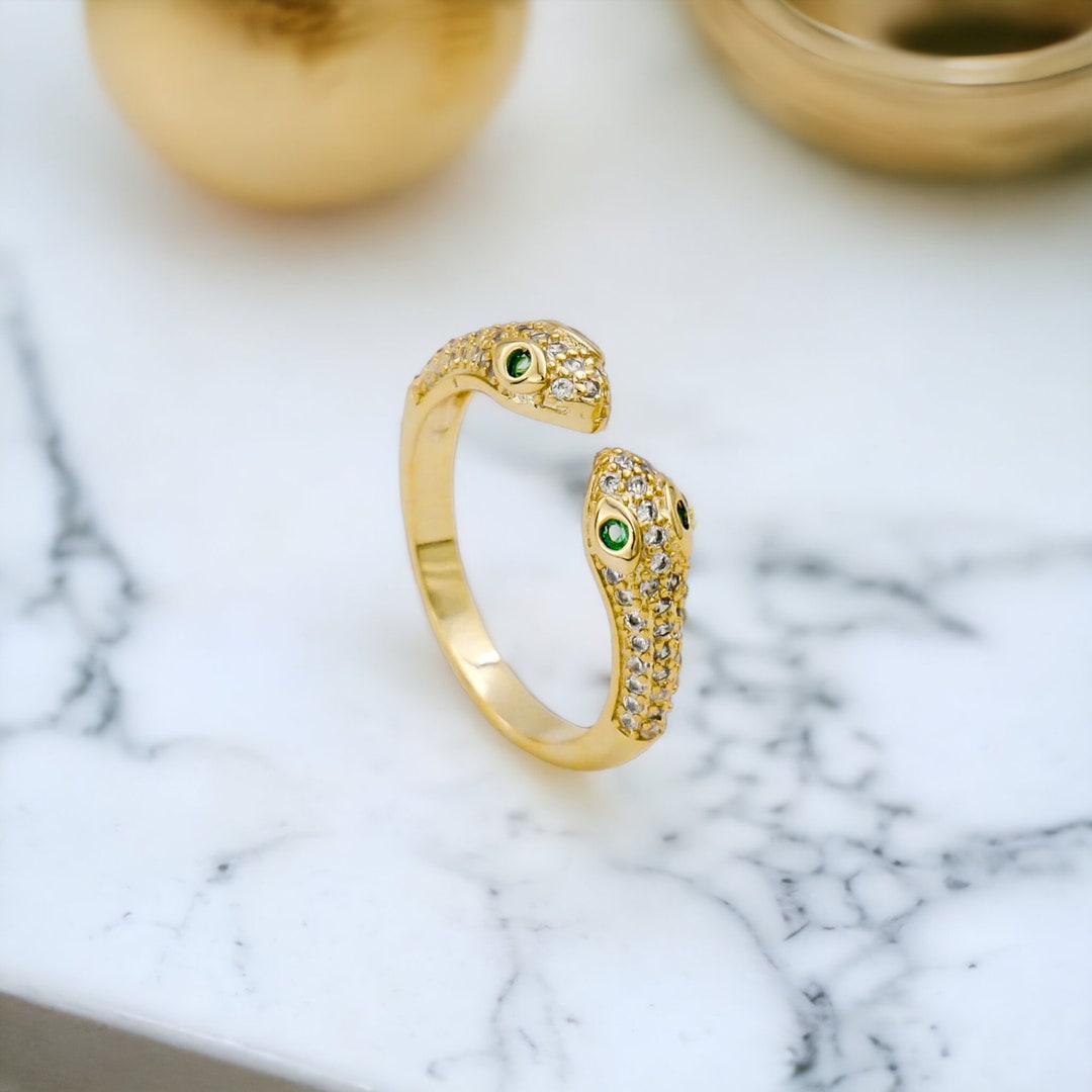 Double Snake Head Ring Adjustable Gold Plated Stainless Etsy UK