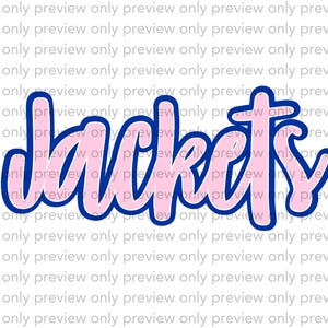 May include: The word jackets is written in a light pink script font with a bold dark blue outline. The text is centered against a white background that is covered in a repeating, light gray watermark pattern of the word preview only.
