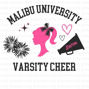 Könnte beinhalten: Pinkes und schwarzes Grafikdesign mit dem Text "MALIBU UNIVERSITY VARSITY CHEER" und einer pinkfarbenen Silhouette einer Frau mit einer Schleife im Haar. Das Design enthält auch ein schwarzes Megafon mit dem Wort "Barbie" darauf und zwei schwarze Pompons.
