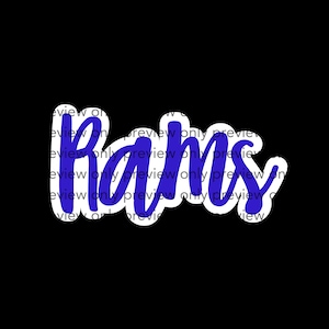 May include: A sticker featuring the word Rams written in a bold, blue, cursive script font. The text is outlined in a thick white border, creating a distinct contrast against the solid black background. The words preview only are repeated.