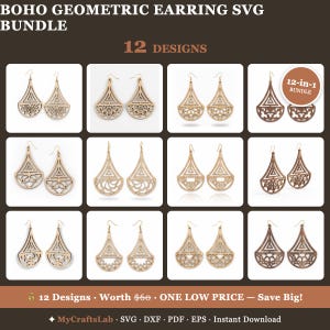Puede incluir: Una pantalla digital que muestra un BOHO GEOMETRIC EARRING SVG BUNDLE con 12 diseños. La imagen presenta doce pares de pendientes en forma de lágrima, cortados con láser en color marrón claro con patrones geométricos complejos.