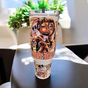 ET 40 oz Tumbler, Retro Alien | Phone Home 80's Movie Cup | Sci-Fi Fan Gift | Vintage Style Drinkware | Bicycle Scene Mug