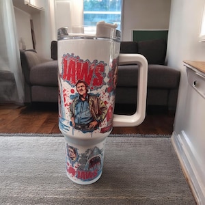 Back to School, Vintage Jaws Inspired 40oz Tumbler with Handle – Ocean Predator Cup – Bloody Water Boat Scene – Summer Thriller Drinkware